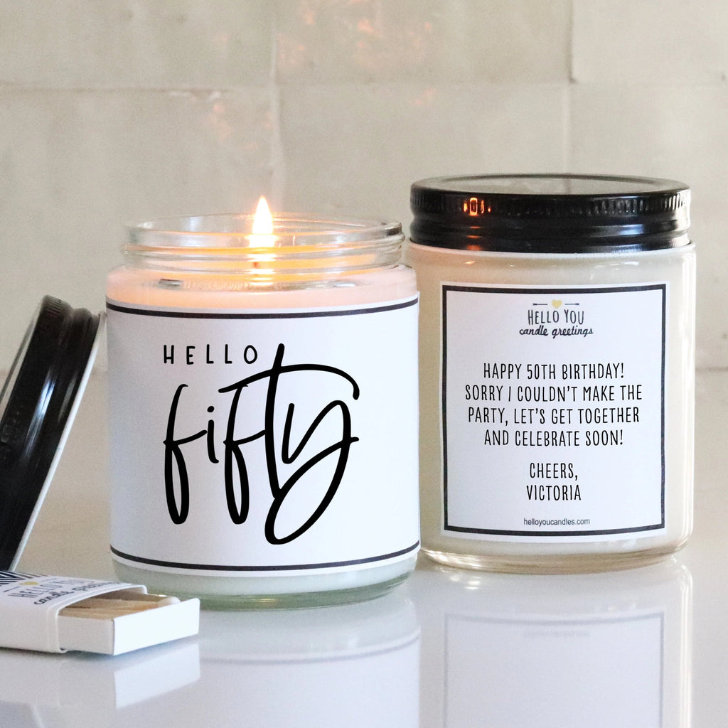 Hello Fifty - Personalized candle gift for birthday - hello - you - candles