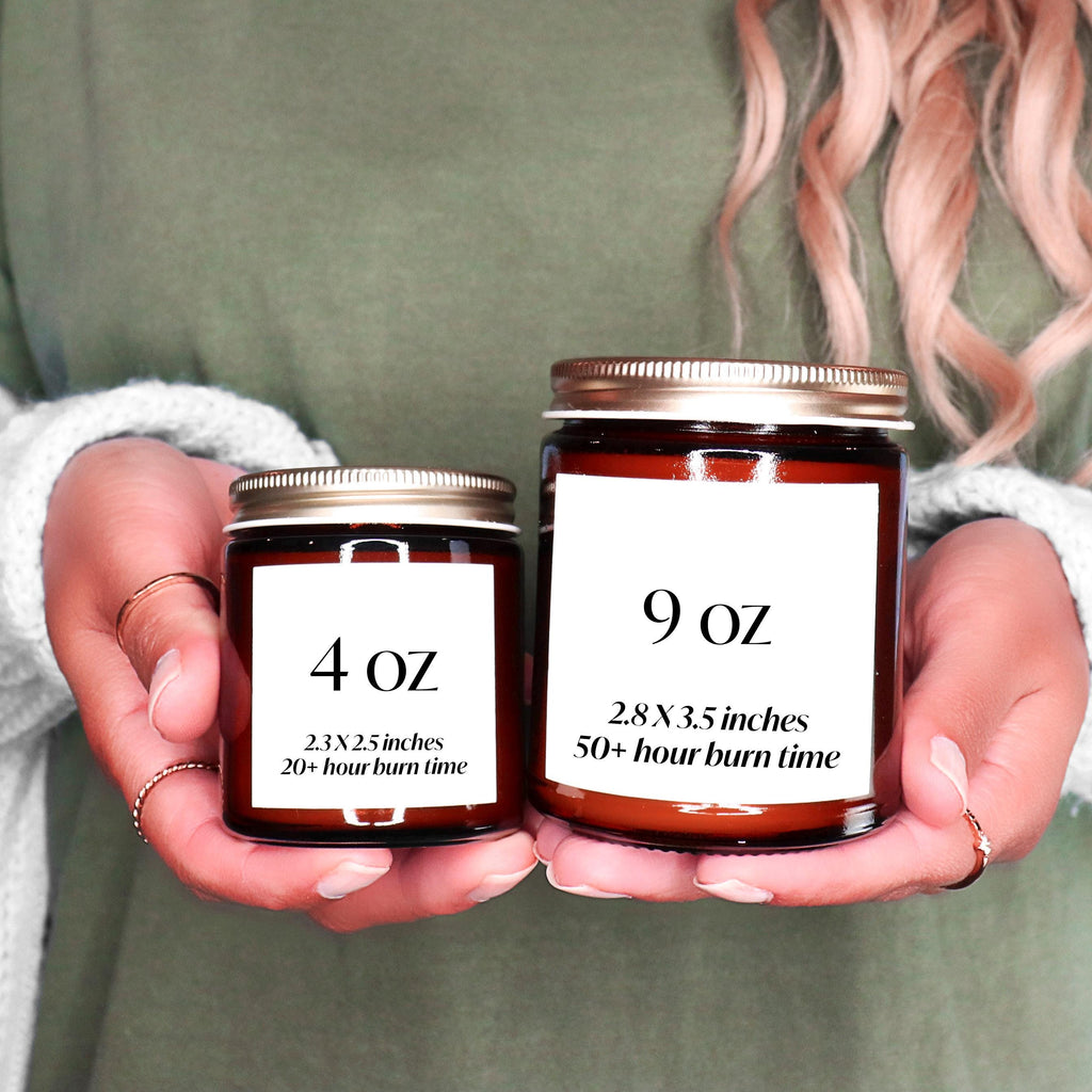 Expecting Parents Gift candle set showing 4 oz and 9 oz sizes with burn time details.