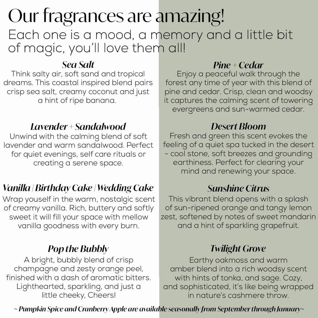List of candle fragrances including Sea Salt, Lavender + Sandalwood, and Vanilla + Birthday Cake with descriptions.