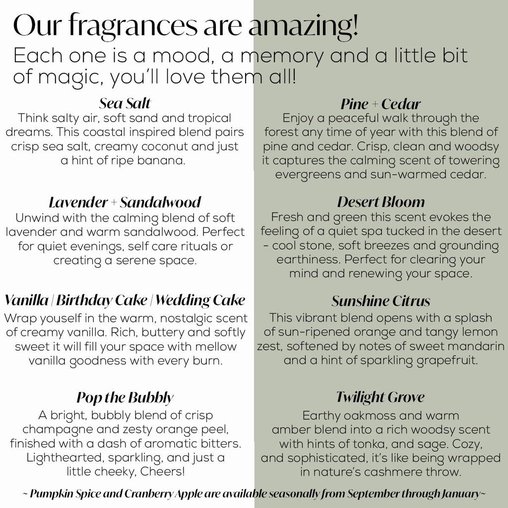 New Parents Gift Fragrance description chart featuring various scented candles like Sea Salt, Lavender, and Vanilla Birthday Cake.