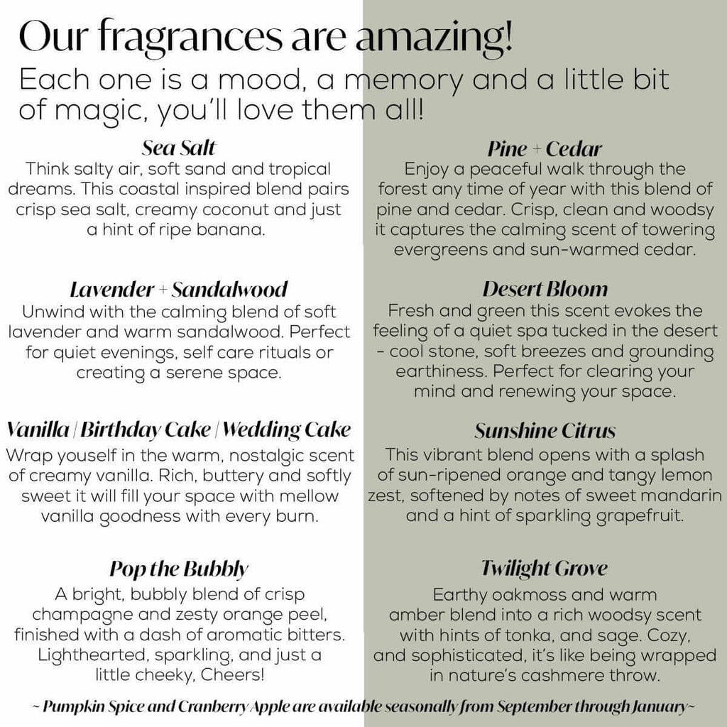 Fragrance list for thank you gift candle featuring Sea Salt, Pine + Cedar, Lavender + Sandalwood, and more, showcasing unique scent blends for every mood.