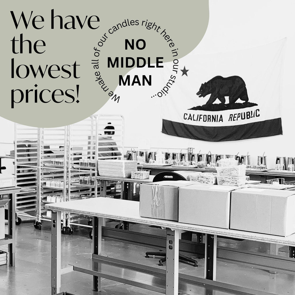 Funny Halloween Candle production area with California flag and pricing details.