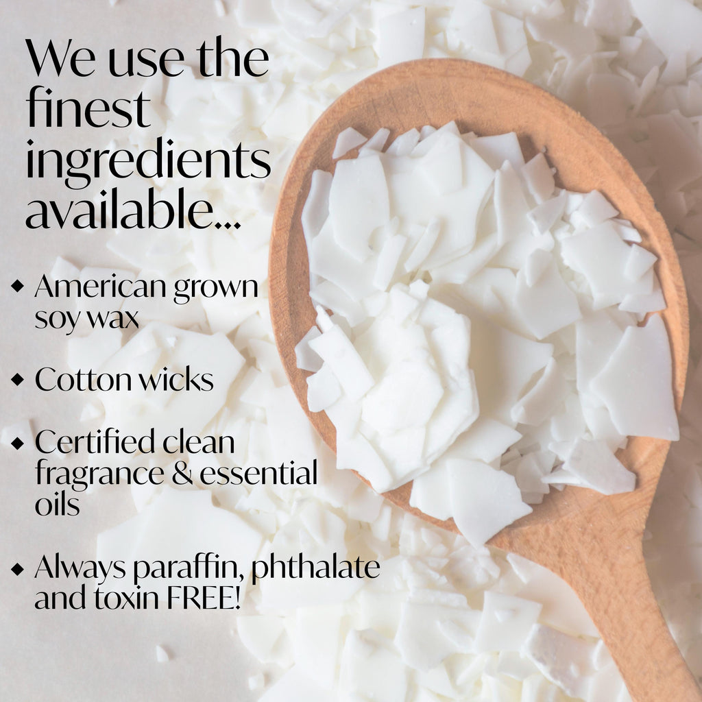 New Parents Gift candle ingredients including soy wax, cotton wicks, and essential oils for safe home fragrance.