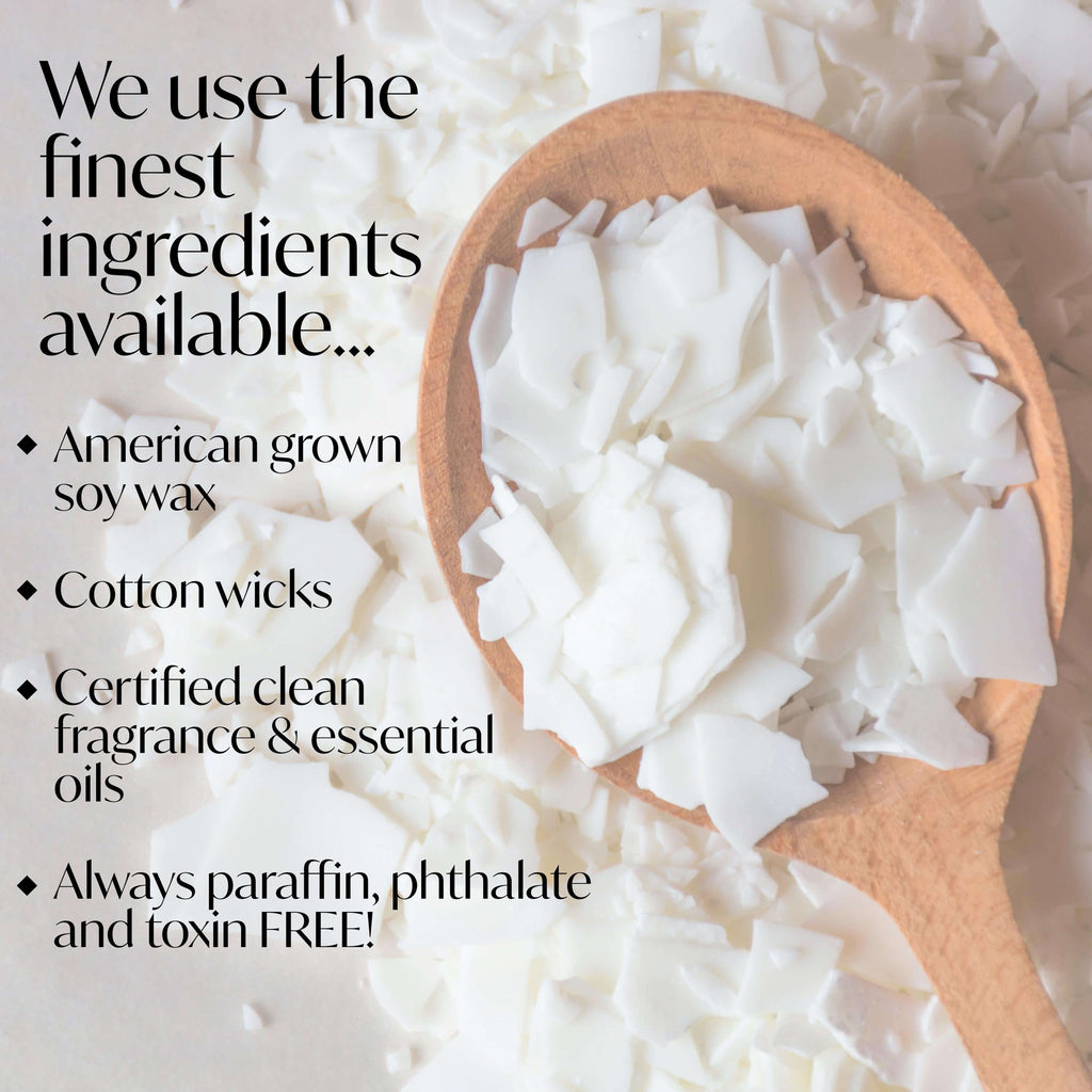 Thank you gift candle ingredients featuring American grown soy wax and cotton wicks for a clean burn.