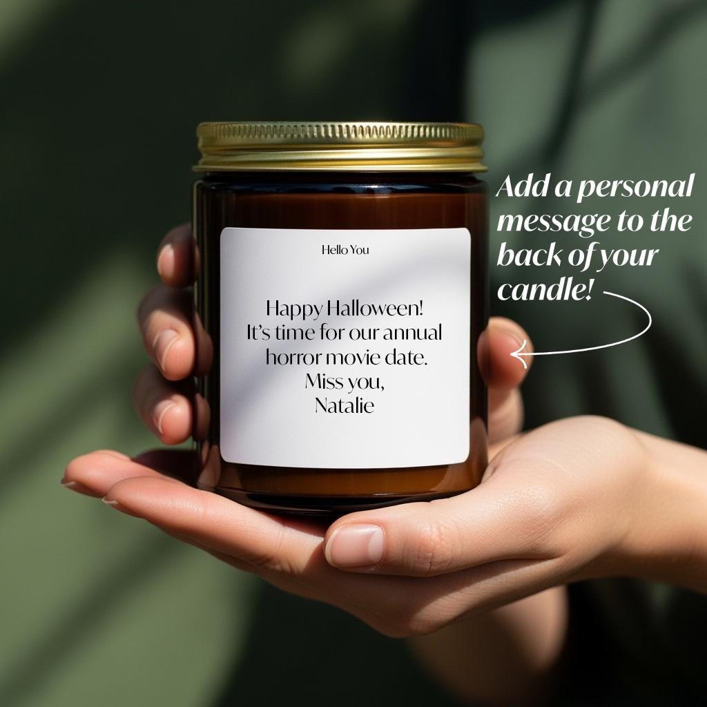 Funny Halloween Candle with personal message for Halloween, perfect for a spooky décor or gift.
