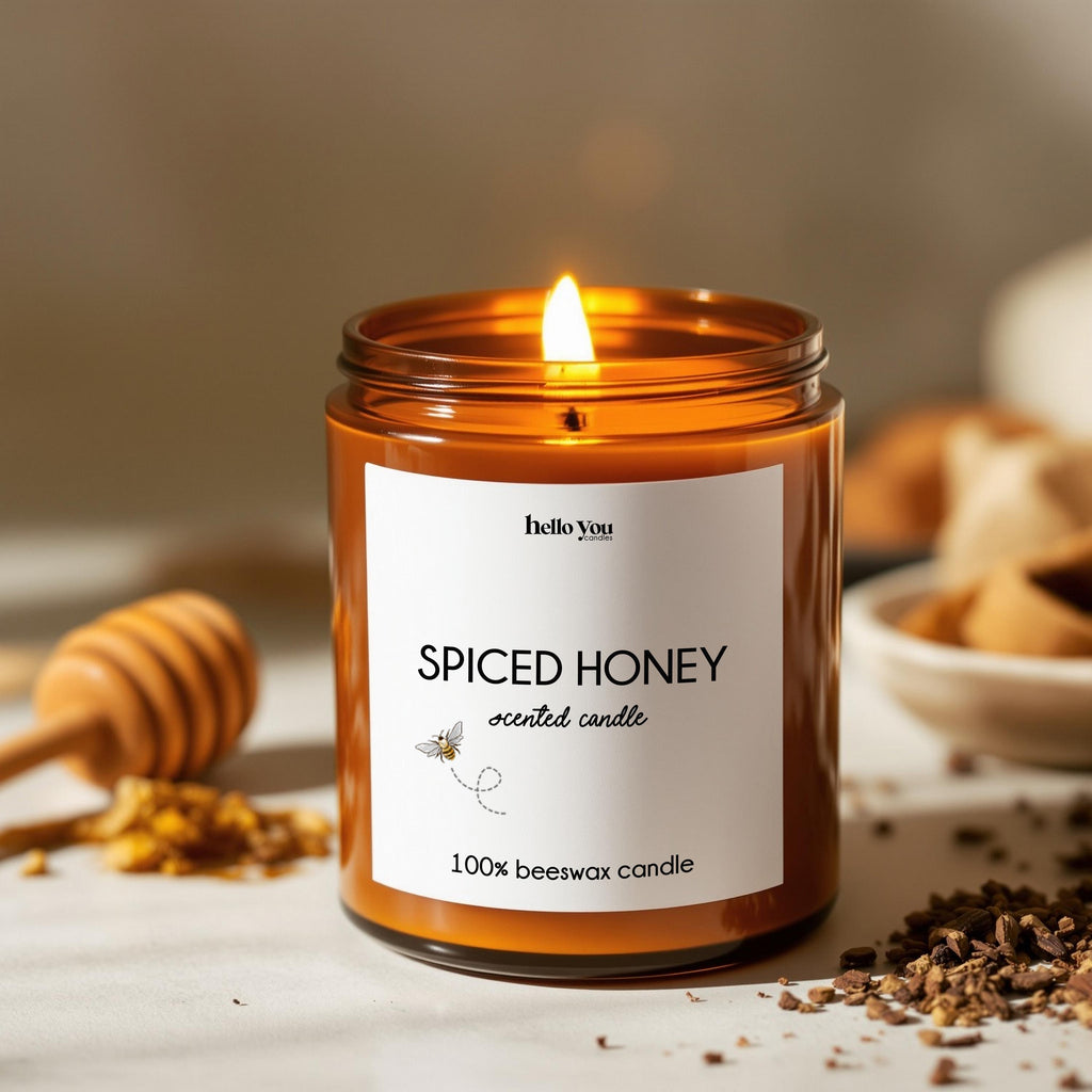 Spiced Honey Beeswax Candles in amber glass jar, 100% pure and non-toxic with warm glow.