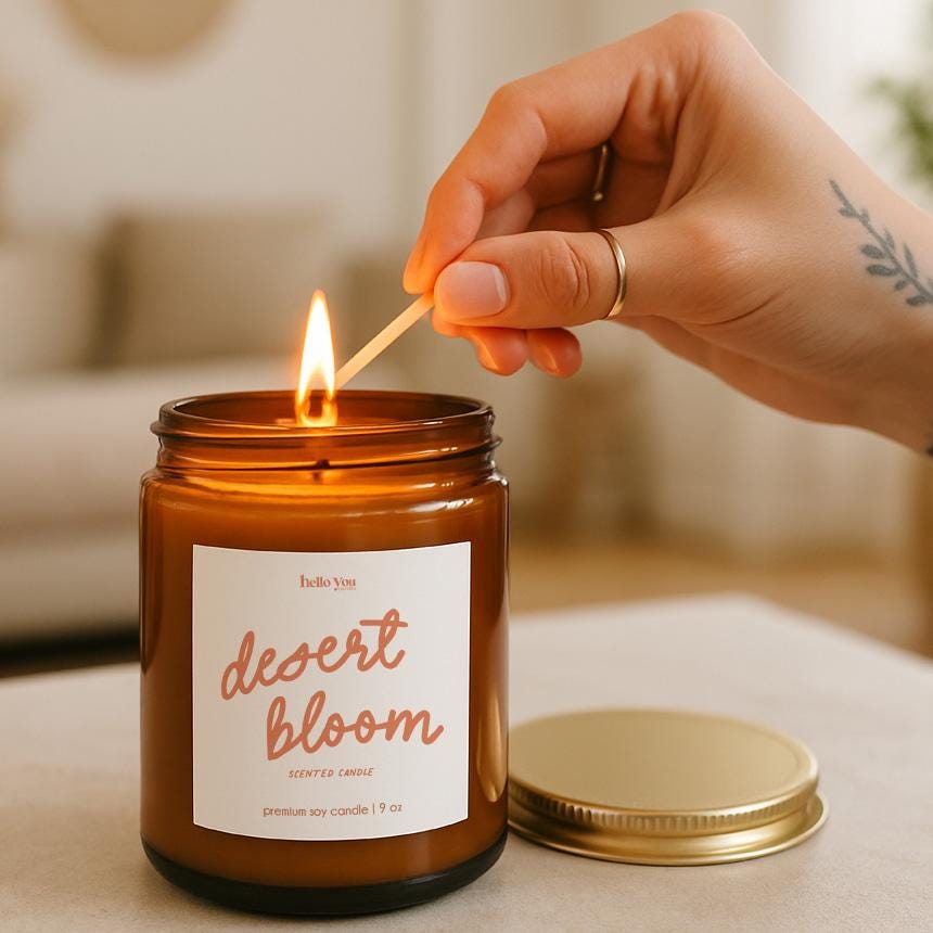 Desert Bloom Cactus Candle being lit, showcasing premium soy candle with cactus blossom scent.