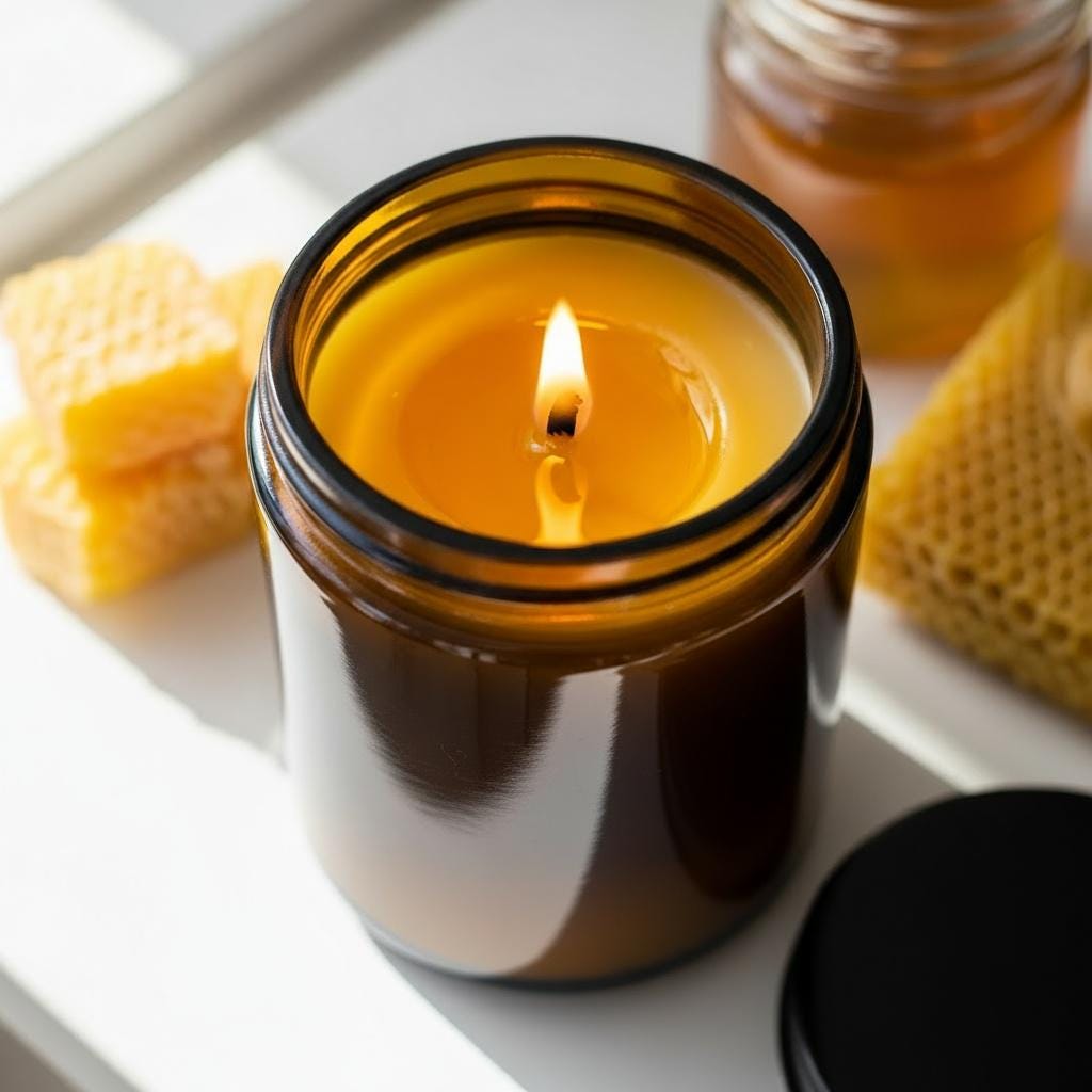 Beeswax Candles in amber glass jar with a flame, showcasing a non-toxic Spiced Honey candle on a sunny surface.